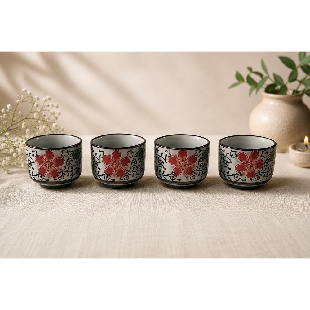 Set of 4 Japanese Ceramic Tea Cups Red Floral Cherry Blossom Sake Cups Grey